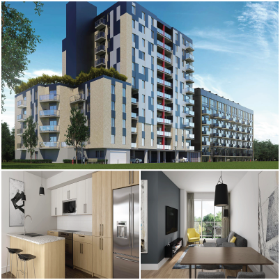 An exterior view of the 3280 Cavendish apartment building in Montreal, an interior view featuring a furnished kitchen, and a furnished living room.
